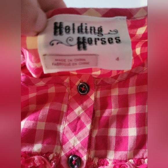 Holding Horses Gingham Ruffle Roll-tab Sleeve Button-down Shirt Size 4 Pink - Picture 13 of 13